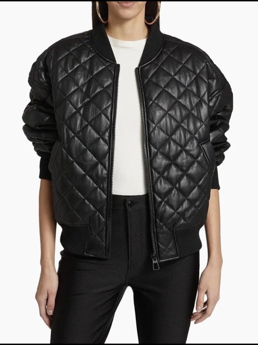GOOD AMERICAN Black Better Than Leather Quilted Bomber Jacket Oversized Sz 00/0